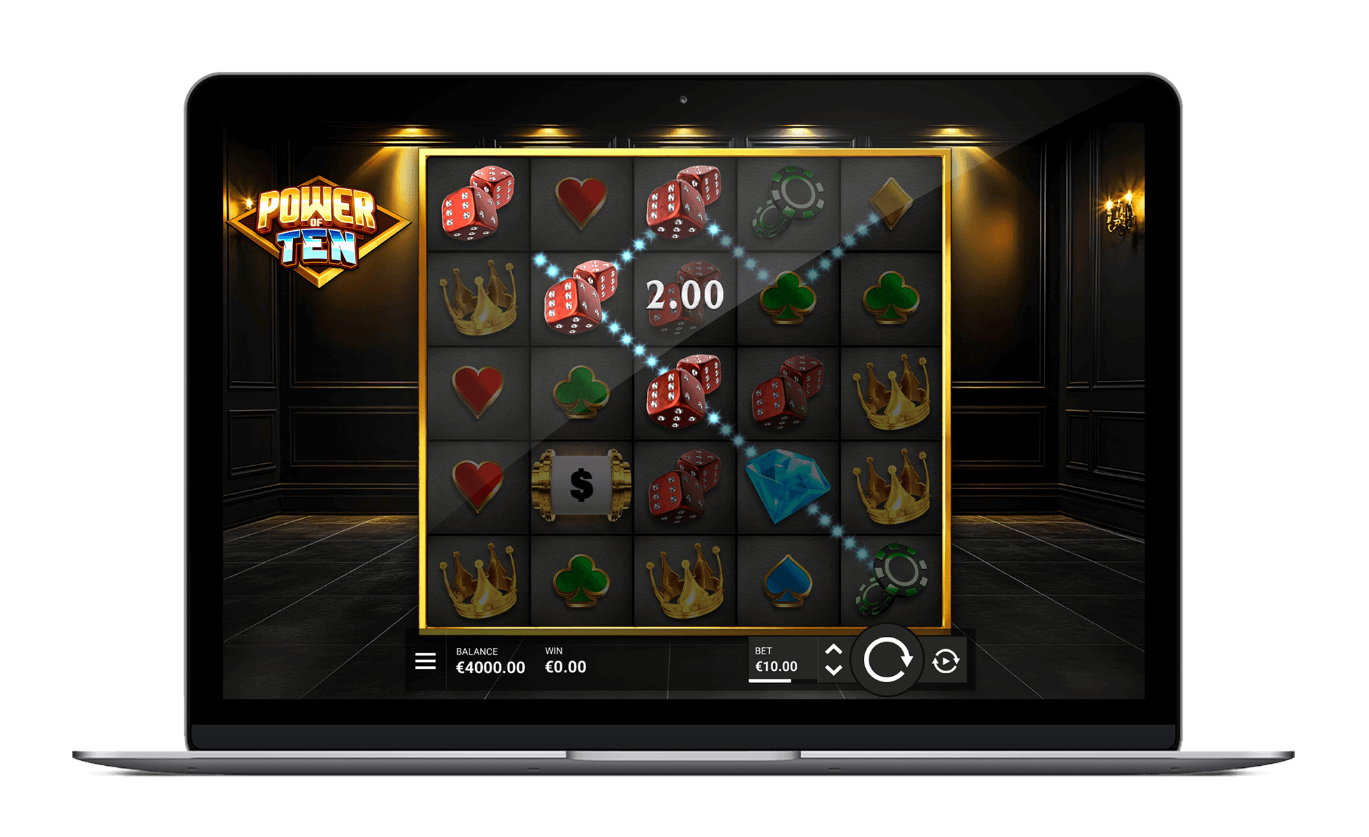Official Power of Ten laptop with visible five-column game grid