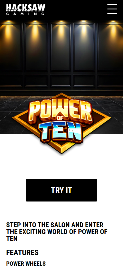 Official Power of Ten mobile page with black salon, logo and Try It button