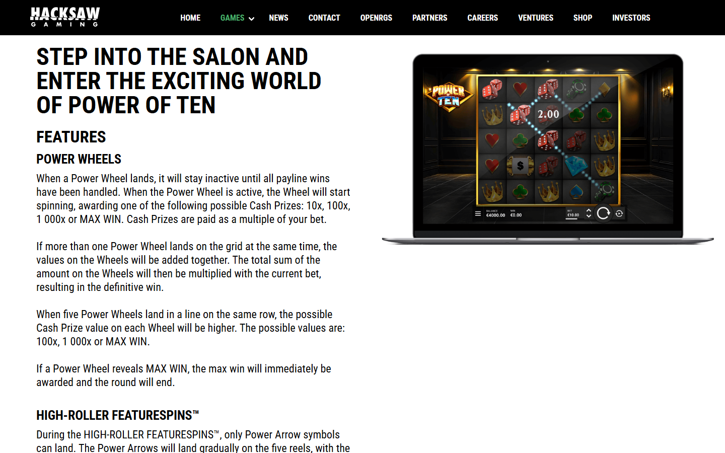 Power of Ten official feature page with device controls and Wheel rules